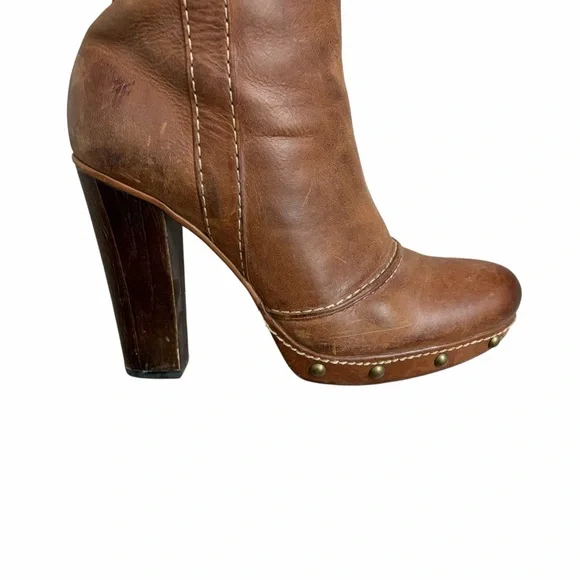 Frye Frankie Buckle Boots Leather Heeled Tall Brown 8 - Picture 4 of 12